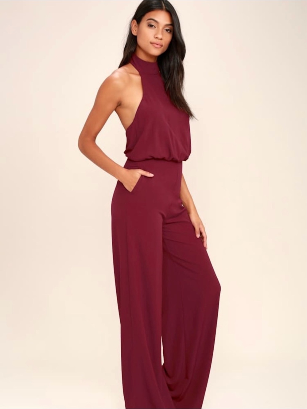 Lulus Something to Behold Burgundy Halter Wide Leg Jumpsuit Size M